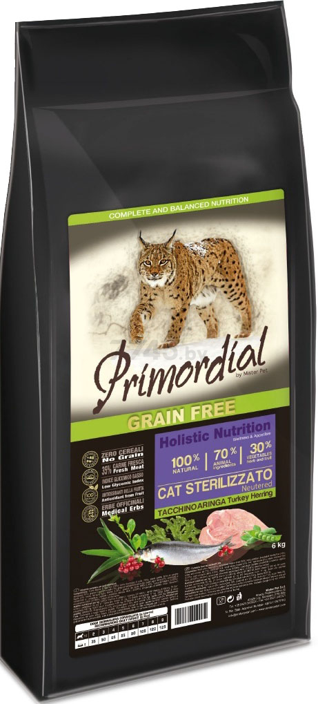 Сухой корм для стерилизованных кошек беззерновой PRIMORDIAL Neutered Turkey&Herring 6 кг (MGSP1306)