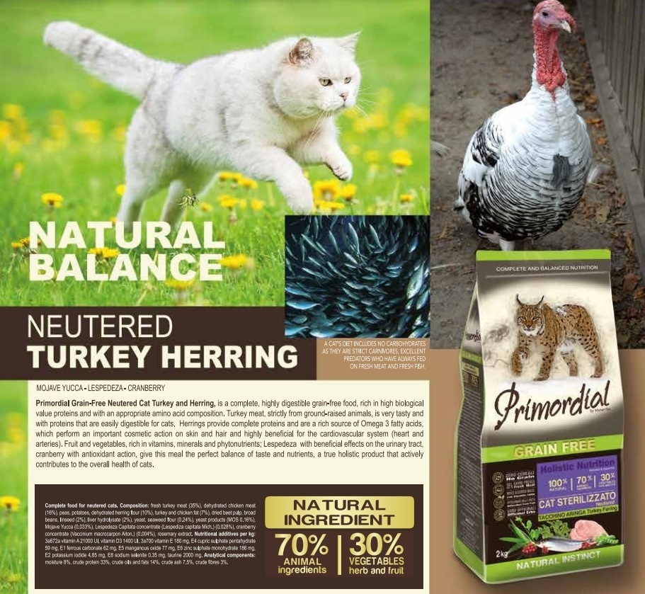 Сухой корм для стерилизованных кошек беззерновой PRIMORDIAL Neutered Turkey&Herring 6 кг (MGSP1306) - Фото 2