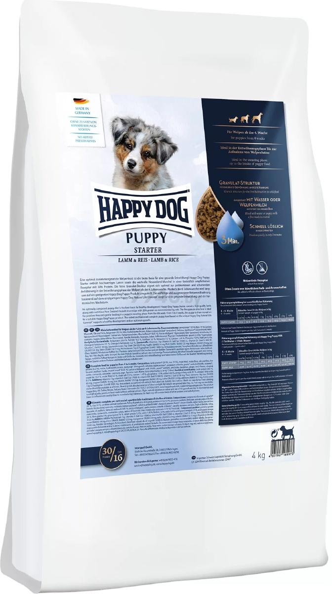 Сухой корм для щенков HAPPY DOG Puppy Starter Lamm&Reis 4 кг (61286)
