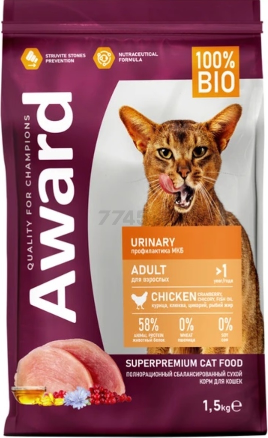 Сухой корм для кошек AWARD Urinary курица с клюквой 1,5 кг (7173648)