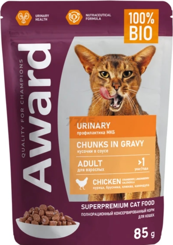Влажный корм для кошек AWARD Urinary Кусочки в соусе курица пауч 85 г (7176984)