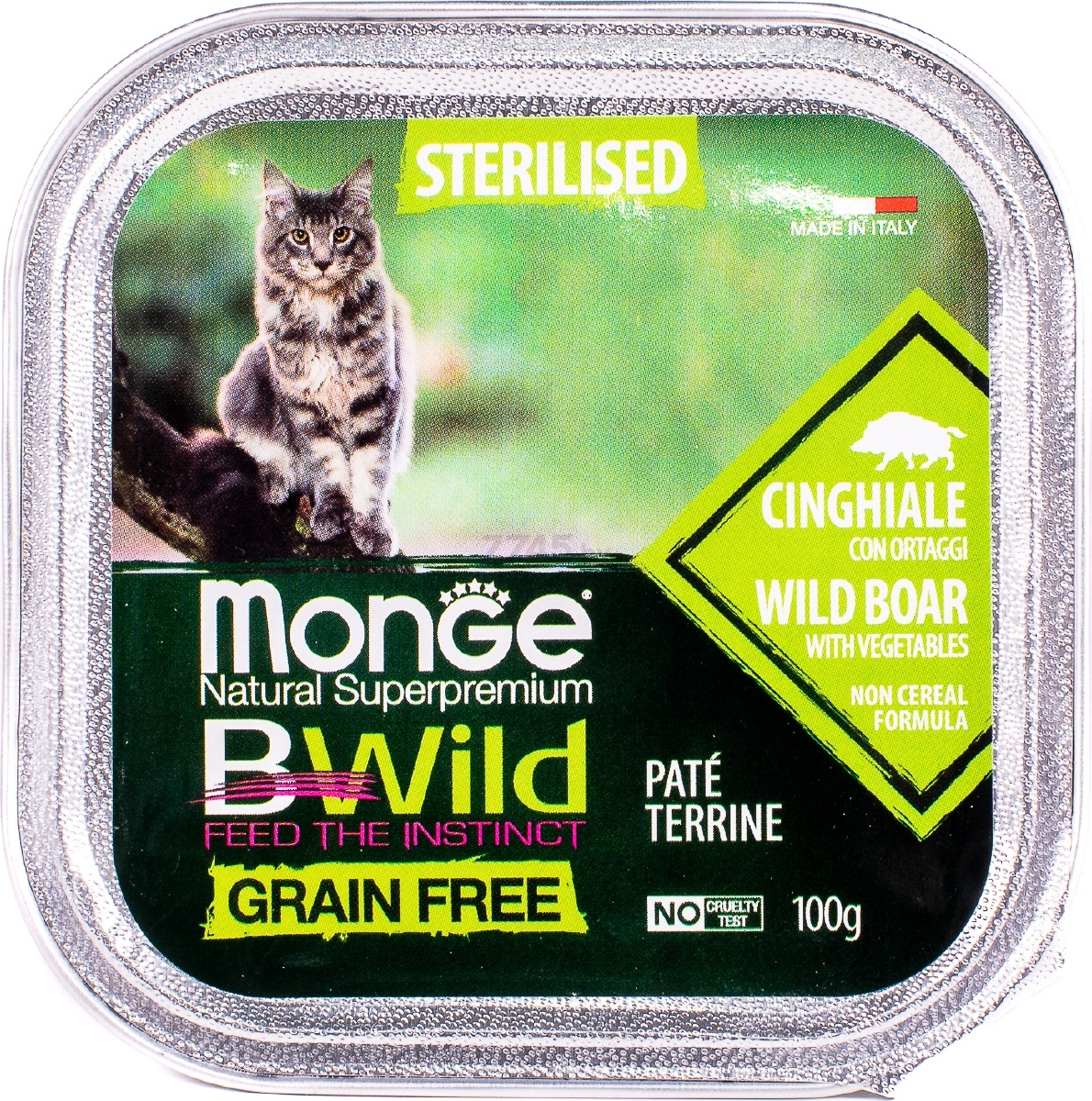 Влажный корм для стерилизованных кошек MONGE BWild Grain Free Sterilised паштет кабан с овощами ламистер 100 г (70012904) - Фото 2