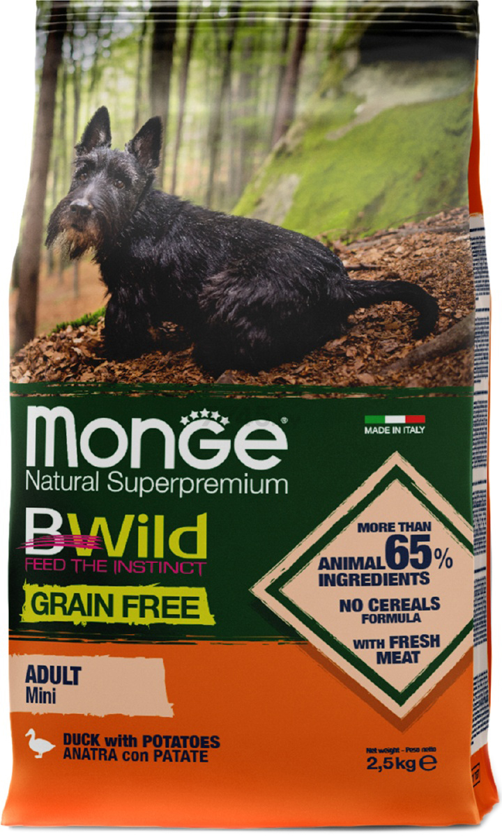 Сухой корм для собак беззерновой MONGE BWild Grain Free Mini утка с картофелем 2,5 кг (70004756)