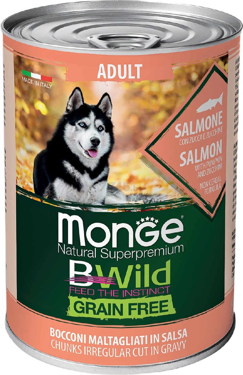 Влажный корм для собак MONGE BWild Grain Free лосось с тыквой и кабачками консервы 400 г (70012621)