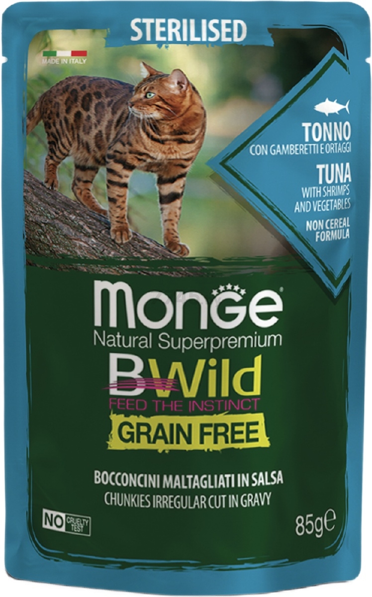 Влажный корм для стерилизованных кошек MONGE BWild Grain Free Sterilised тунец с креветками и овощами пауч 85 г (70012799)