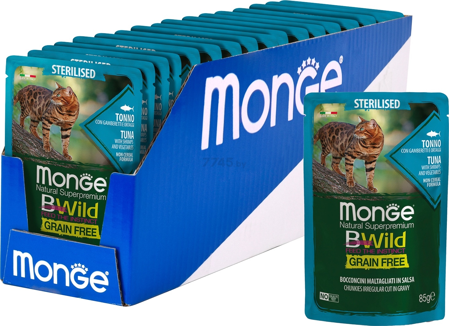 Влажный корм для стерилизованных кошек MONGE BWild Grain Free Sterilised тунец с креветками и овощами пауч 85 г (70012799) - Фото 3