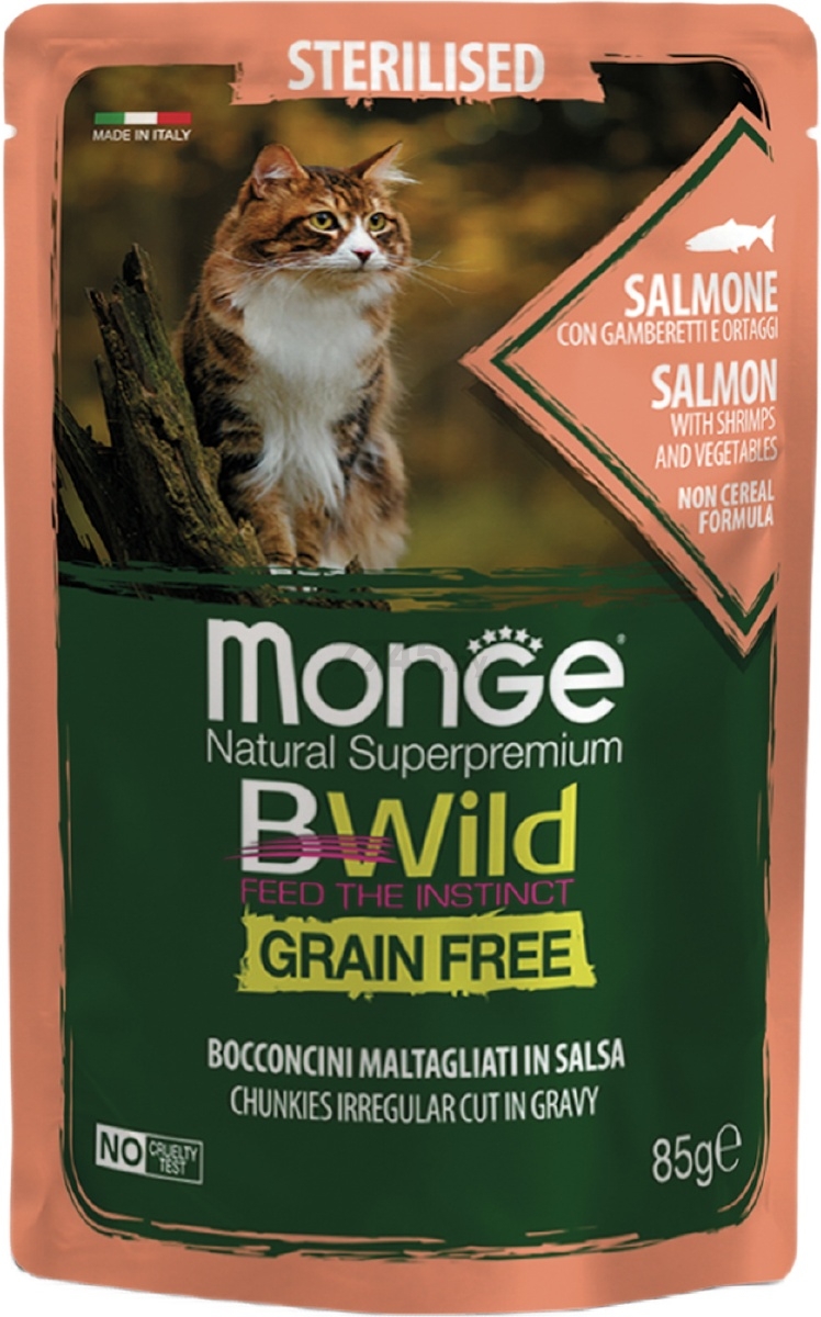 Влажный корм для стерилизованных кошек MONGE BWild Grain Free Sterilised лосось с креветками и овощами пауч 85 г (70012782)