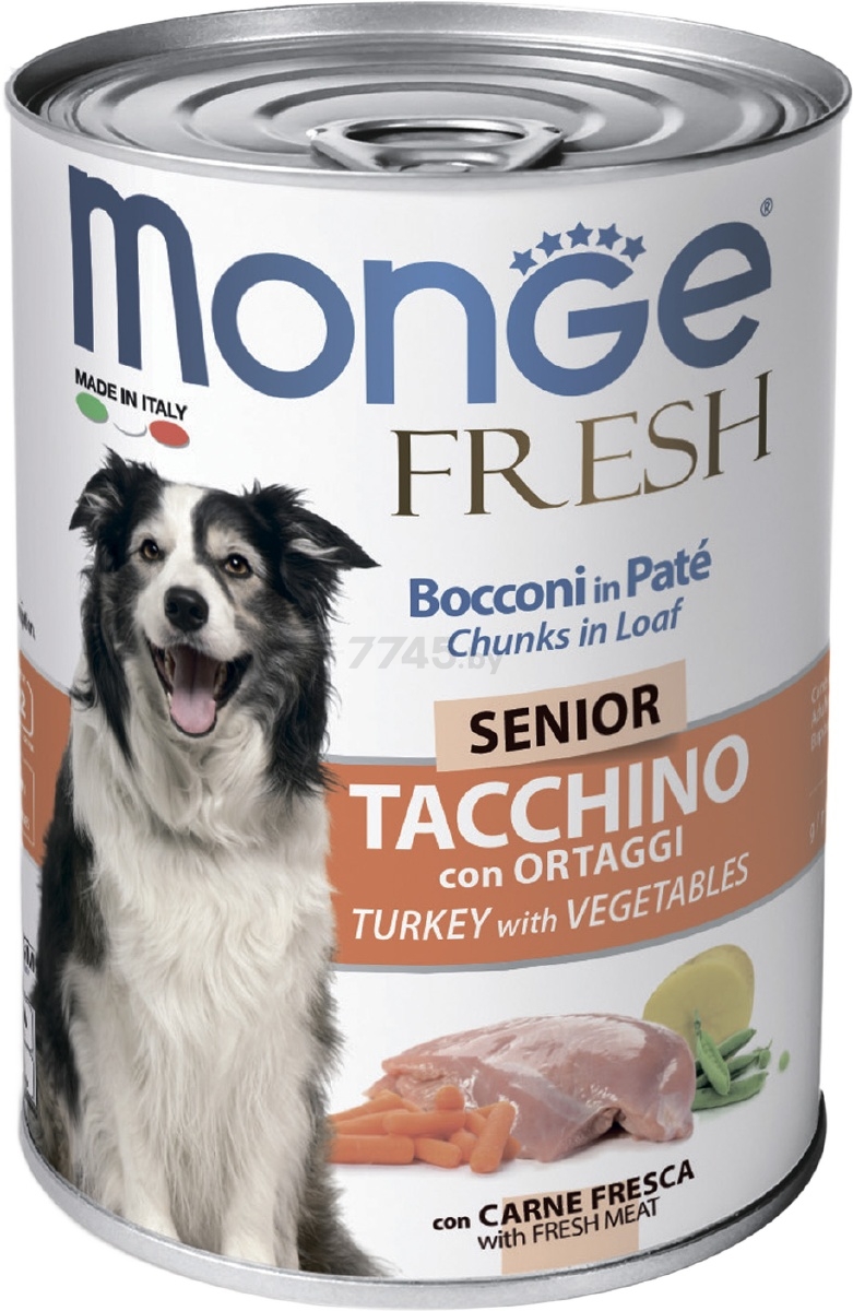 Влажный корм для пожилых собак MONGE Fresh Senior рулет индейка с овощами консервы 400 г (70014489)