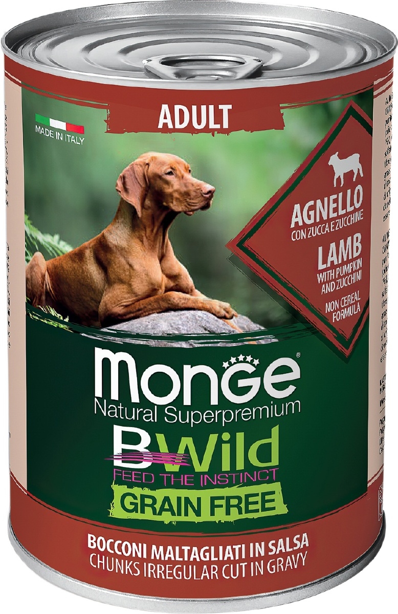 Влажный корм для собак MONGE BWild Grain Free ягненок с тыквой и кабачками консервы 400 г (70012614)