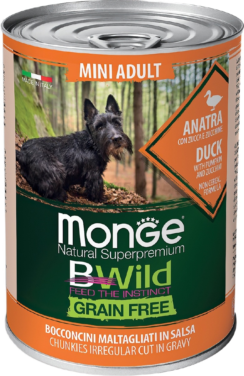 Влажный корм для собак MONGE BWild Grain Free Mini утка с тыквой и кабачками консервы 400 г (70012638)