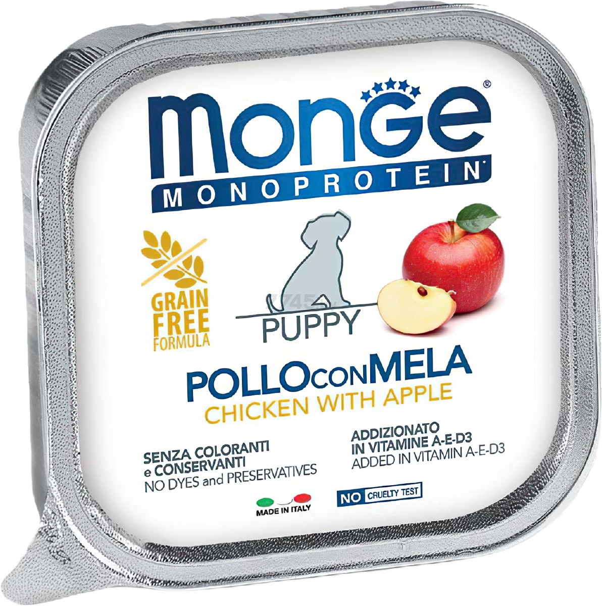 Влажный корм для щенков MONGE Monoprotein Fruits паштет курица с яблоком ламистер 150 г (70014380)