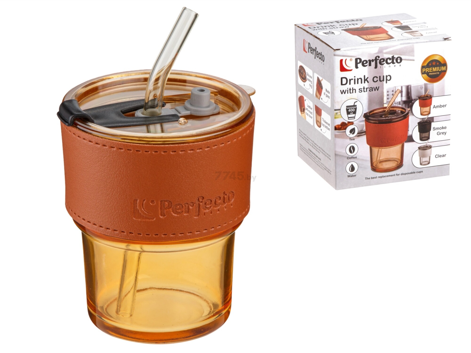 Стакан стеклянный для напитков с трубочкой и капхолдером PERFECTO LINEA Amber 400 мл (31-400201) - Фото 4