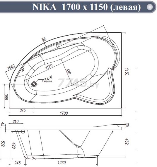 Ванна акриловая VENTOSPA Nika 170х115 левосторонняя - Фото 3