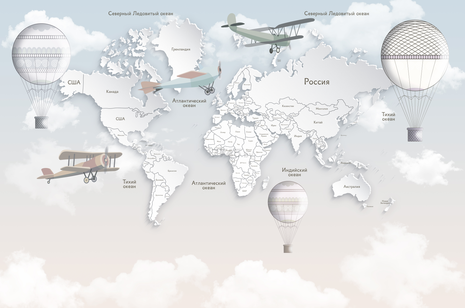 Фотообои флизелиновые ФАБРИКА ФРЕСОК Карта светлая с воздушными шарами 400x265 см (334265)
