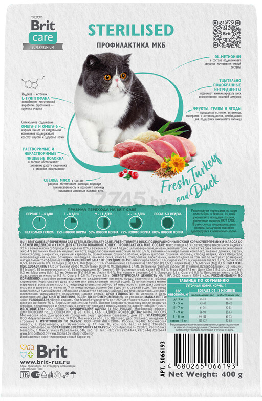 Сухой корм для стерилизованных кошек BRIT Care Sterilised Urinary утка индейка 0,4 кг (5066193) - Фото 4