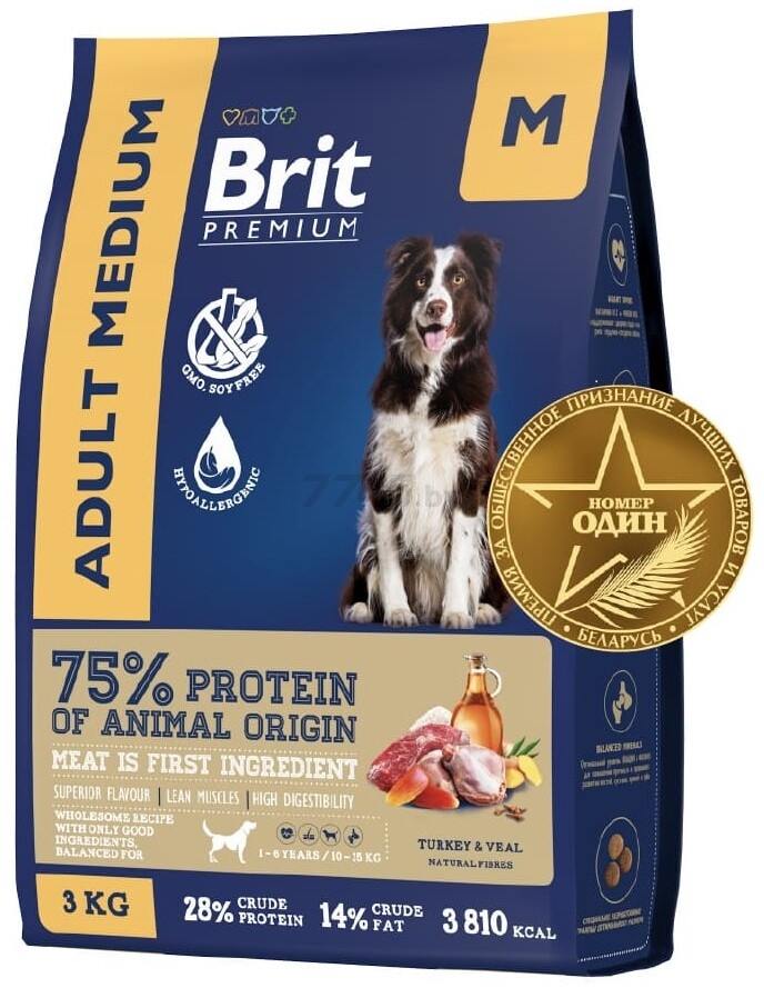 Сухой корм для собак BRIT Premium Medium телятина и индейка 3 кг (5063161)