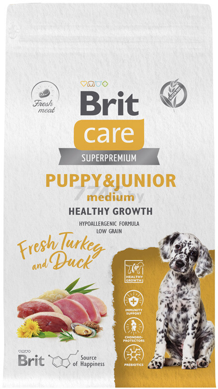 Сухой корм для щенков BRIT Care Puppy Junior M Healthy Growth утка и индейка 1,5 кг (5066285) - Фото 3