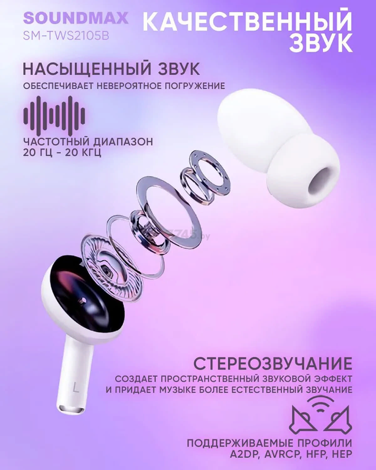 Наушники-гарнитура беспроводные TWS SOUNDMAX SM-TWS2105B White - Фото 8