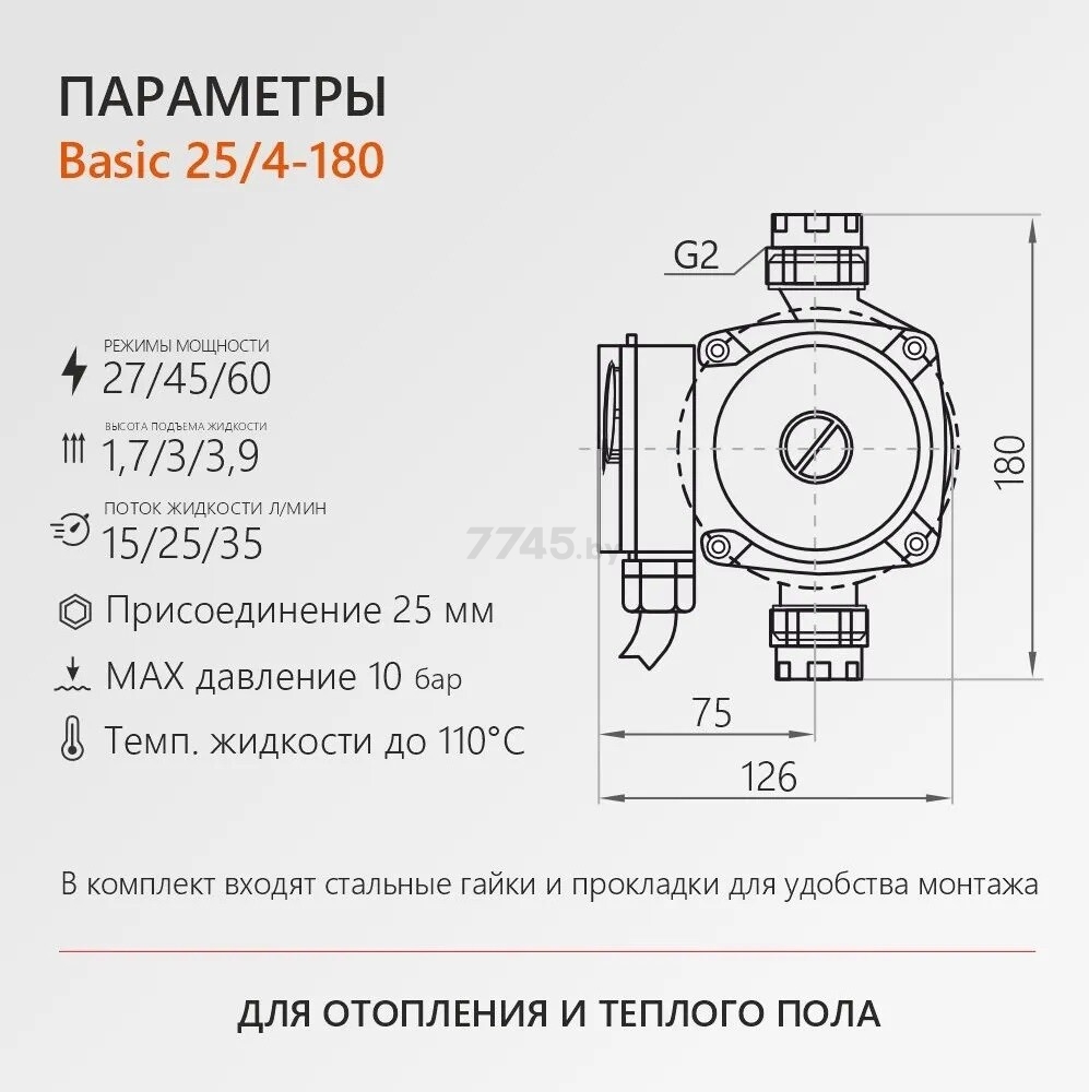 Насос циркуляционный PROFLINE Basic 25/4-180 (УТ-00047612) - Фото 5