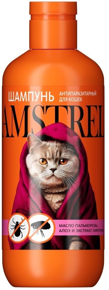 Шампунь для кошек AMSTREL антипаразитарный с маслом пальмарозы, алоэ и экстрактом пиретрума 300 мл (002022)