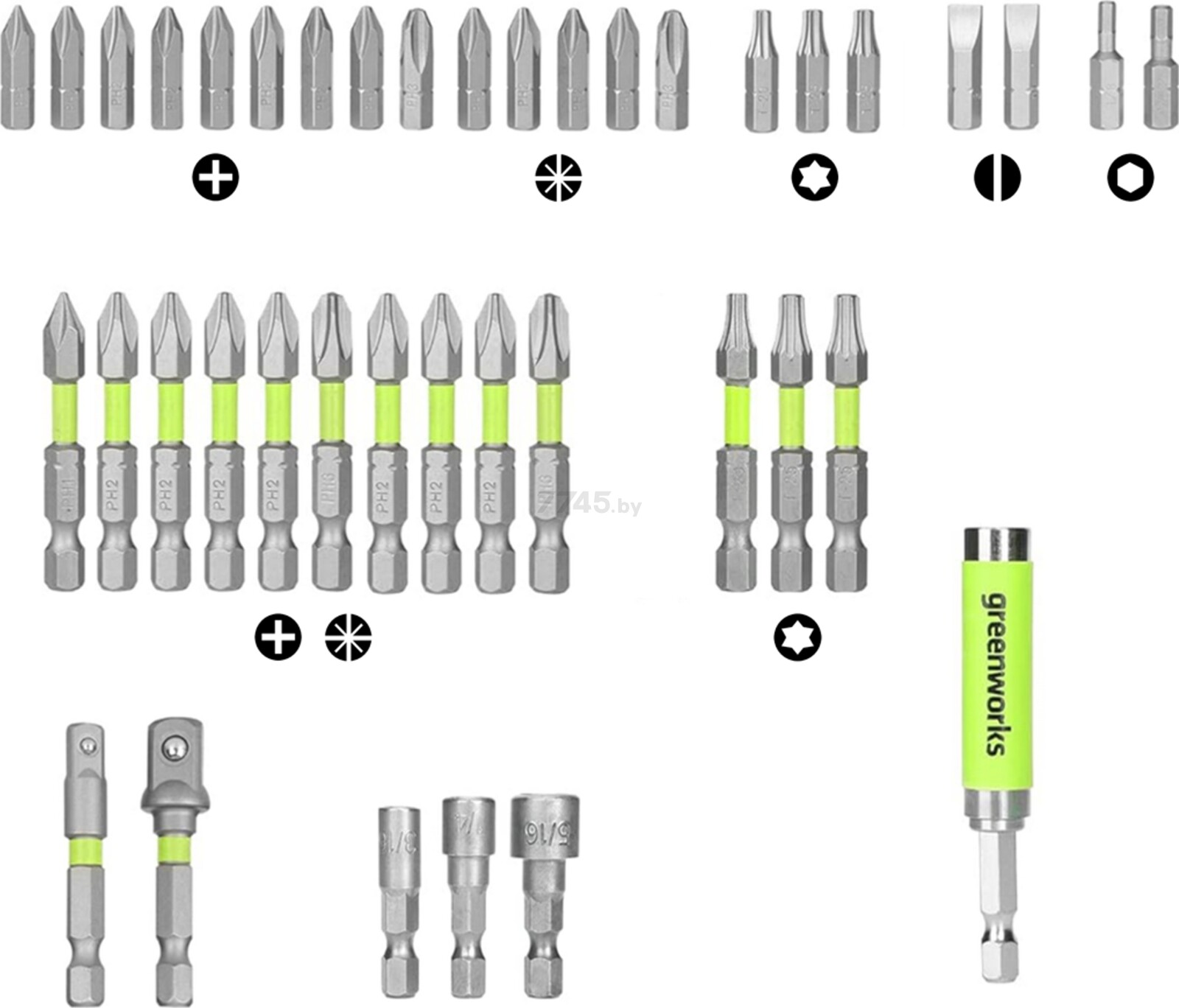 Набор бит, торцевых головок и адаптеров GREENWORKS 40 предметов (2944207) - Фото 2