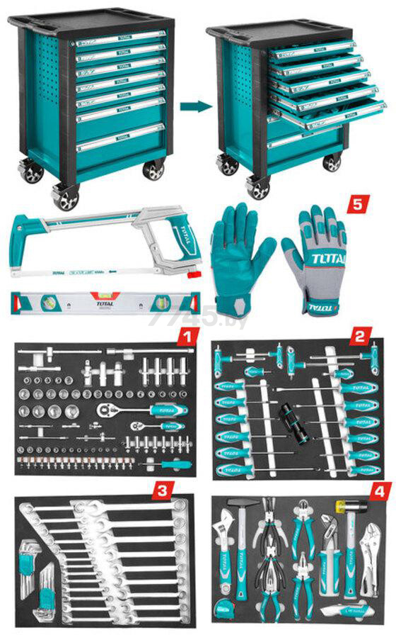 Тележка инструментальная TOTAL с инструментом 162 предмета (THPTCS71621) - Фото 2