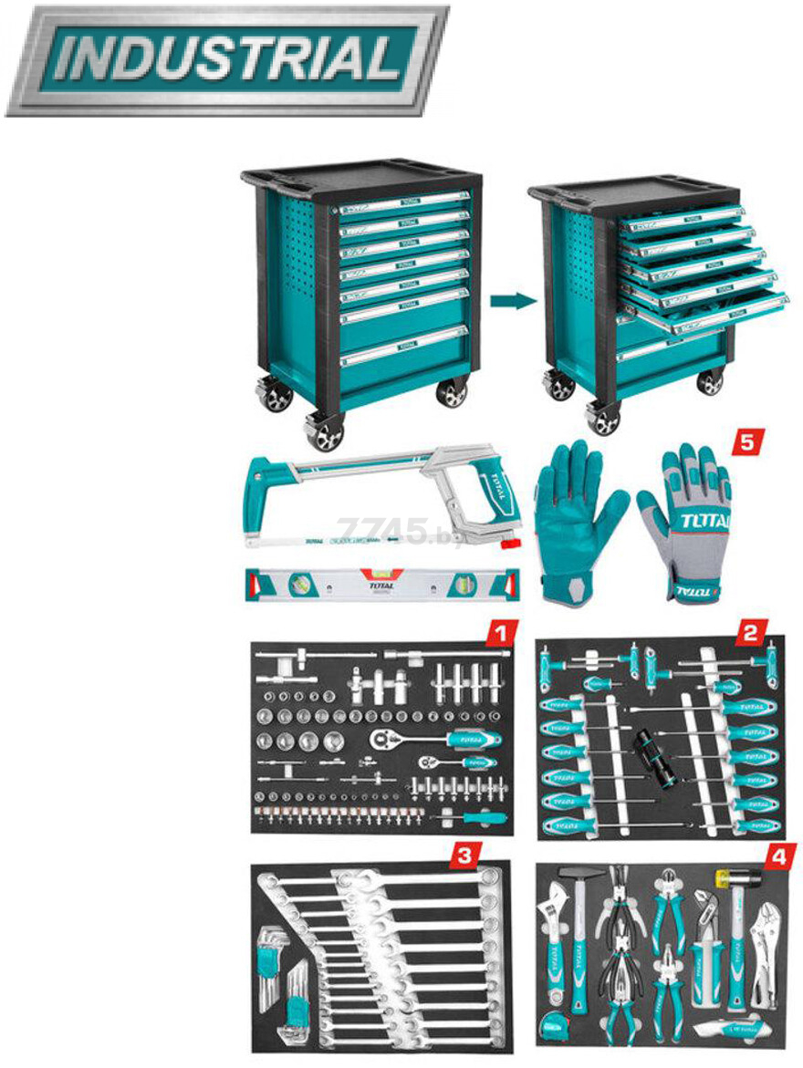 Тележка инструментальная TOTAL с инструментом 162 предмета (THPTCS71621) - Фото 5