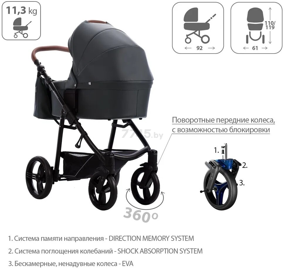 Коляска детская универсальная BEBETTO Kitelli PRO (2 в 1) 03 экокожа рама черная (Kitelli PRO_03_CZM) - Фото 5