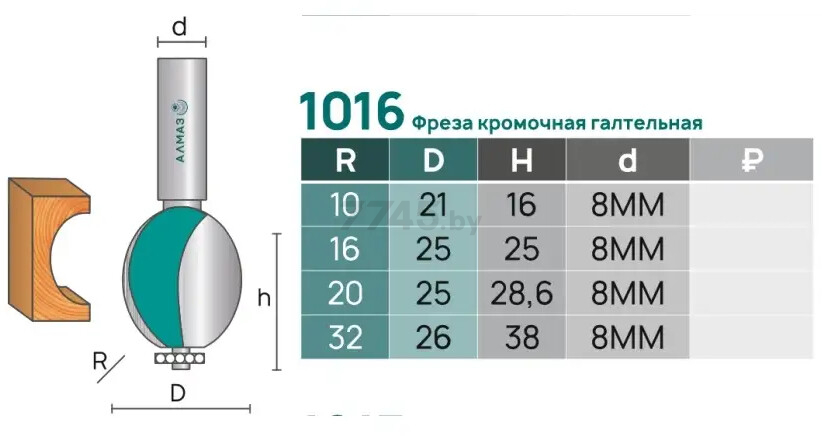 Фреза по дереву кромочная галтельная 21х16 мм АЛМАЗ (1016 h16R10) - Фото 4