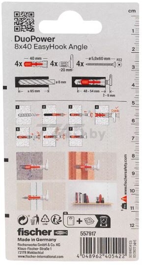 Дюбель универсальный 8х40 с Г-образным крючком FISCHER Duopower 4 штуки (557917) - Фото 4