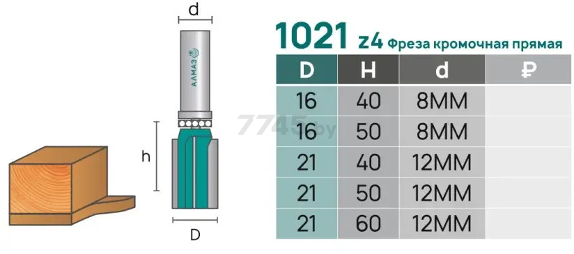 Фреза по дереву кромочная прямая 16х50 мм АЛМАЗ (1021 z4 D16h50) - Фото 3