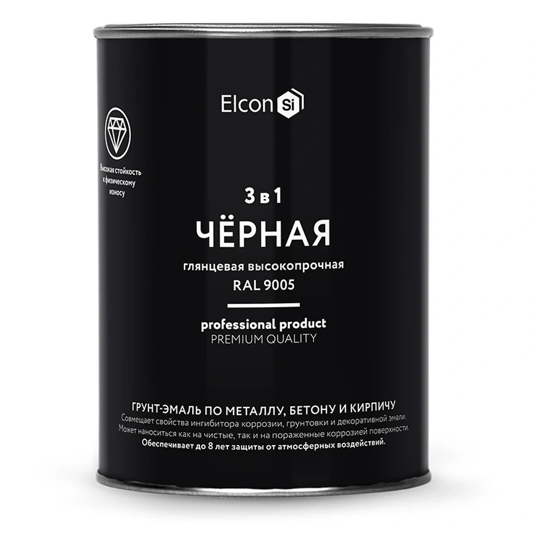 Грунт-эмаль алкидная ELCON 3 в 1 глянцевая черная RAL 9005 0,8 кг (00-00750061)