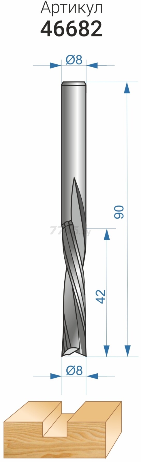 Фреза по дереву спиральная твердосплавная Z2 нижний рез 8х42 мм ЭНКОР (46682) - Фото 4