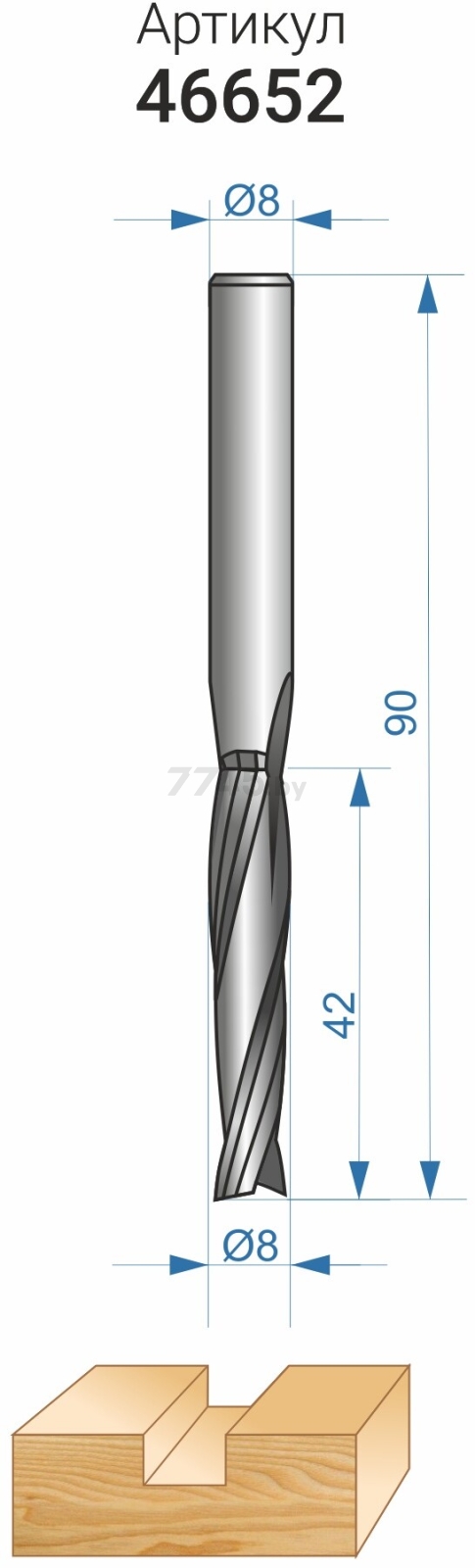 Фреза по дереву спиральная твердосплавная Z2 верхний рез 8х42 мм ЭНКОР (46652) - Фото 4