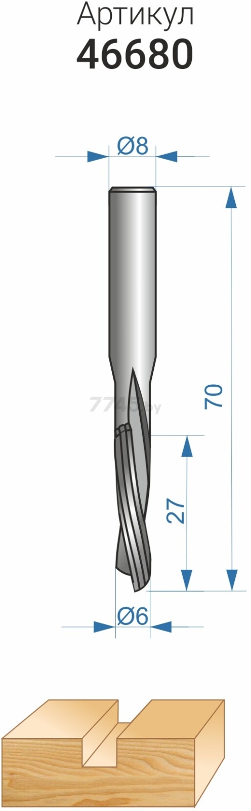 Фреза по дереву спиральная твердосплавная Z2 нижний рез 6х27 мм ЭНКОР (46680) - Фото 4