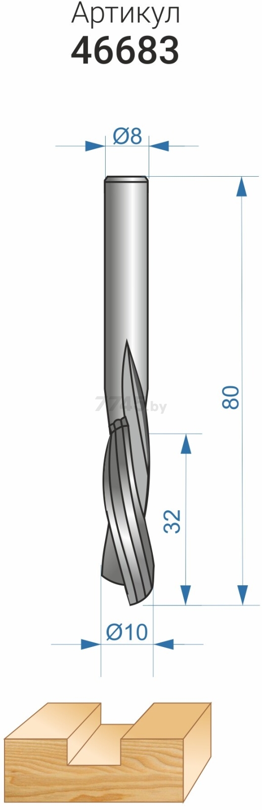 Фреза по дереву спиральная твердосплавная Z2 нижний рез 10х32 мм ЭНКОР (46683) - Фото 4