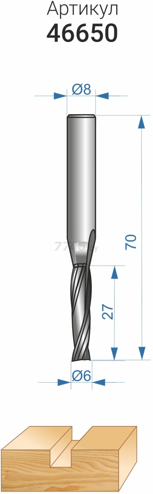 Фреза по дереву спиральная твердосплавная Z2 верхний рез 6х27 мм ЭНКОР (46650) - Фото 4