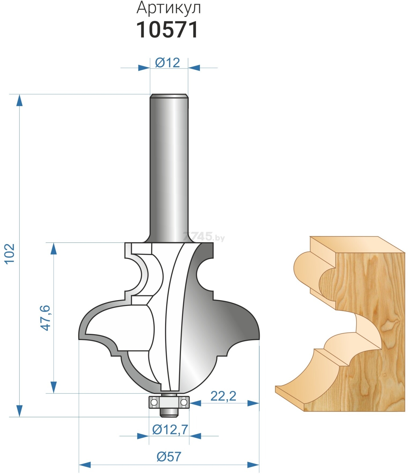 Фреза по дереву кромочная фигурная мультипрофиль 57х47.6 мм ЭНКОР (10571) - Фото 4