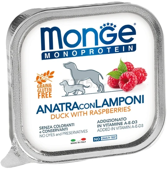 Влажный корм для собак MONGE Natural Monoprotein Fruits утка с малиной ламистер 150 г (70014342)