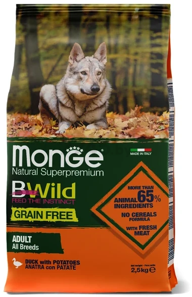 Сухой корм для собак беззерновой MONGE Bwild Grain Free Holistic утка с картофелем 2,5 кг (70004732)