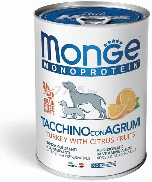 Влажный корм для собак MONGE Dog Natural Monoprotein Fruits индейка с рисом и цитрусовыми консерва 400 г (70014335)