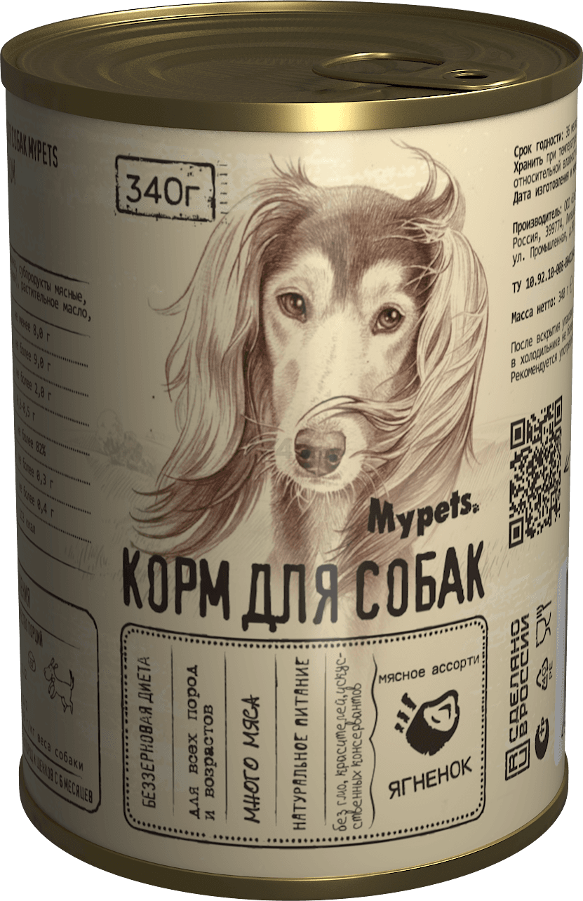 Консерва для собак MYPETS Basic, Мясное ассорти, ягненок, 340г (470902)