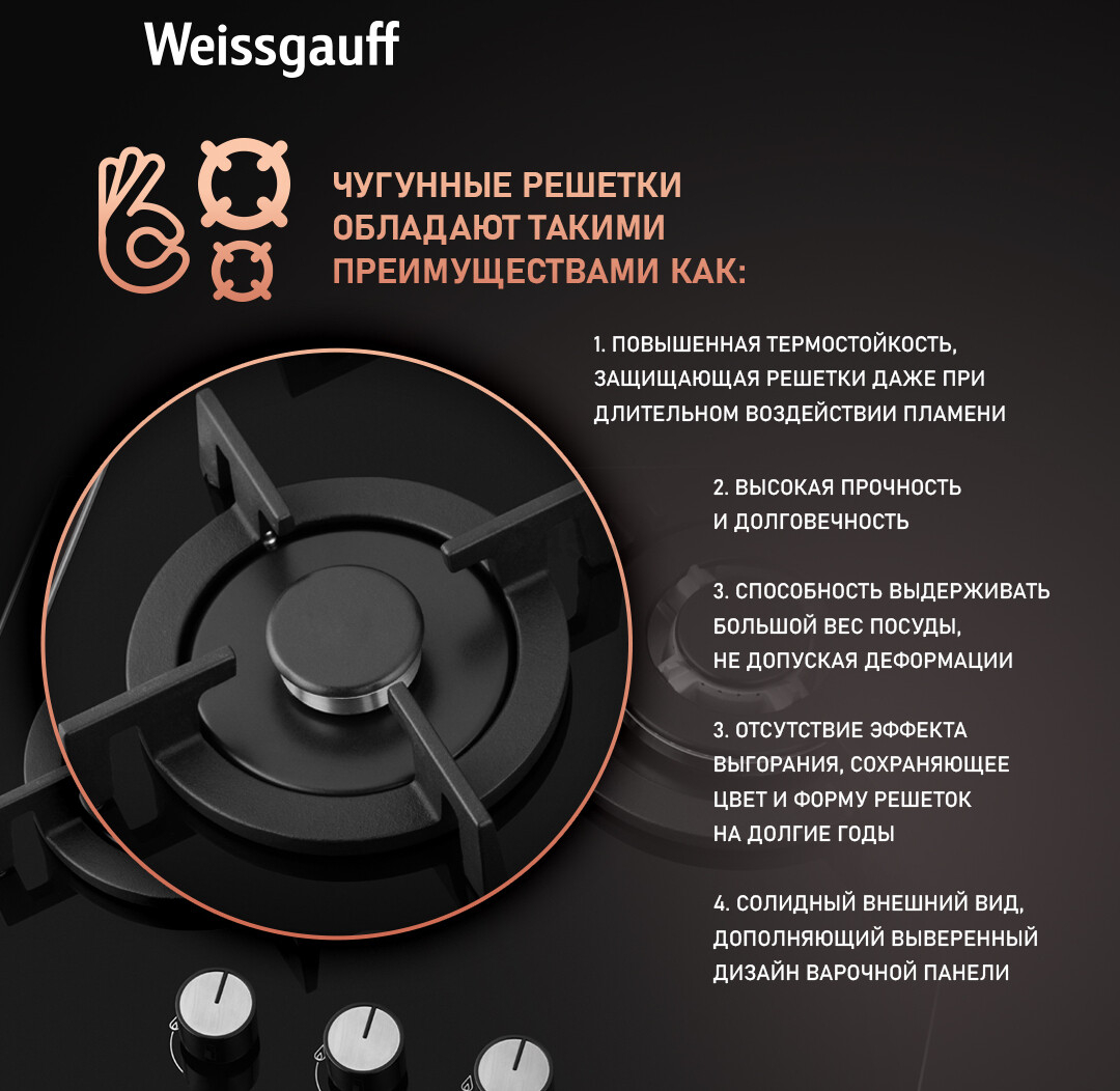 Панель варочная газовая WEISSGAUFF HG 430 BGV (HG430BGV) - Фото 7