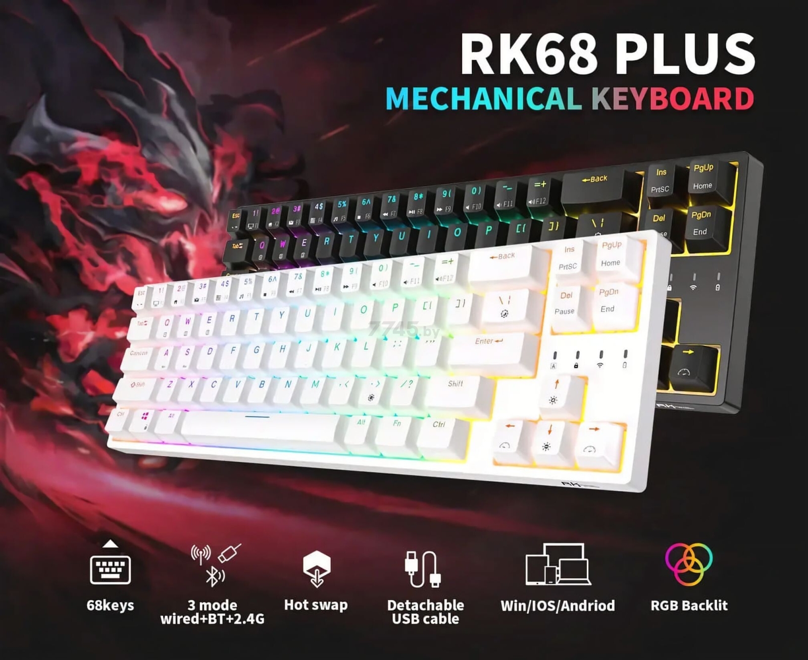 Клавиатура игровая беспроводная механическая ROYAL KLUDGE RK68 Plus RGB White (Red switch) - Фото 6