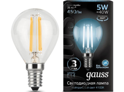Лампа светодиодная филаментная E14 GAUSS Filament G45 5 Вт 4100K 