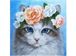 Алмазная вышивка WIZARDI Голубоглазый кот в цветах 38х38 см 