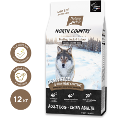 Сухой корм для собак беззерновой NATURA WILD North Country курица с уткой и индейкой 12 кг 